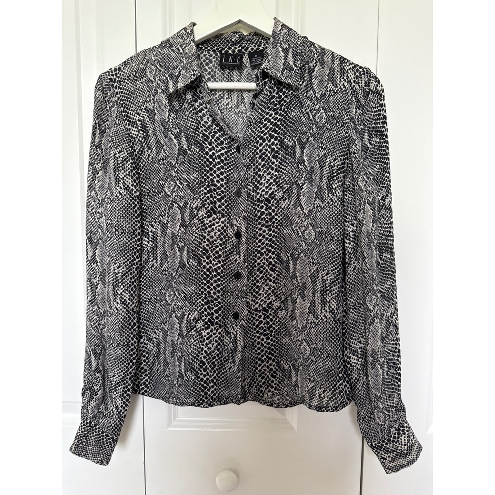 INC International Concepts 100% Silk Snakeskin Print Button Down Blouse Grey‎ 2